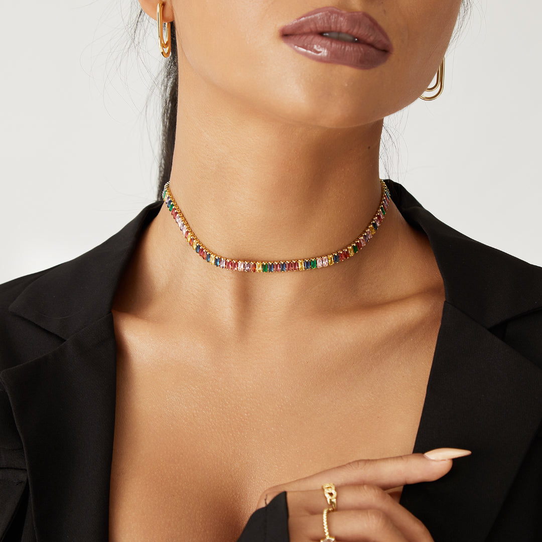 Close-up of Rainbow Baguette CZ in 14K Gold Tennis Necklace