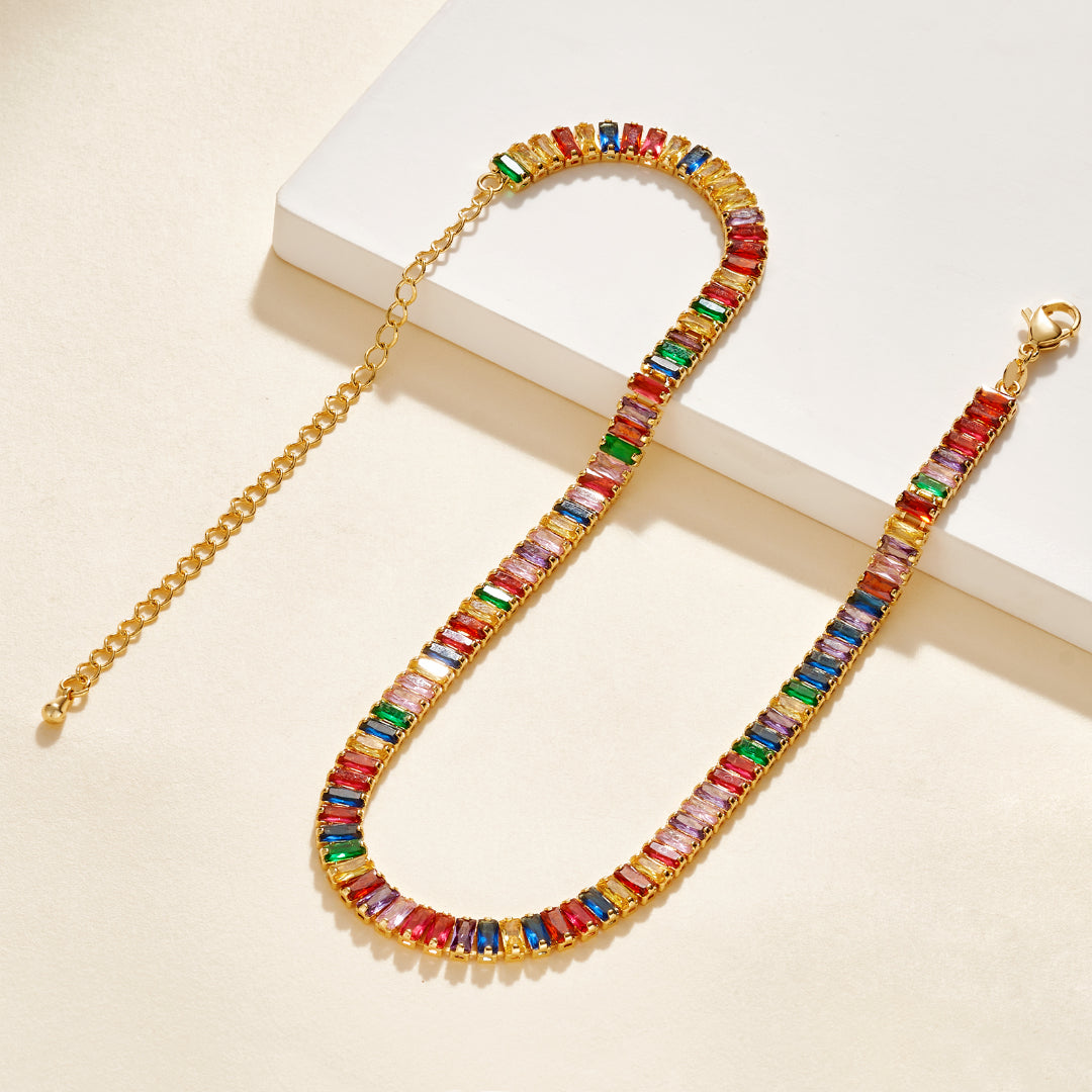Detailed view of 14K Gold Tennis Necklace with Rainbow Baguette CZ