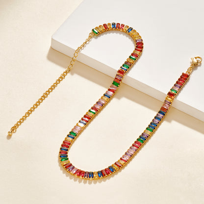 Detailed view of 14K Gold Tennis Necklace with Rainbow Baguette CZ