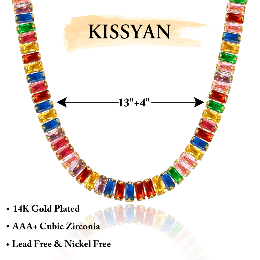 Detailed view of 14K Gold Tennis Necklace with Rainbow Baguette CZ