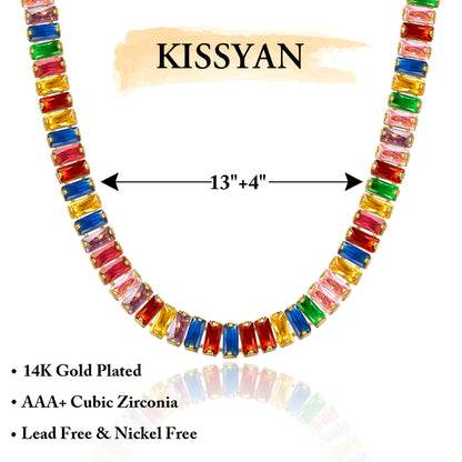 Detailed view of 14K Gold Tennis Necklace with Rainbow Baguette CZ
