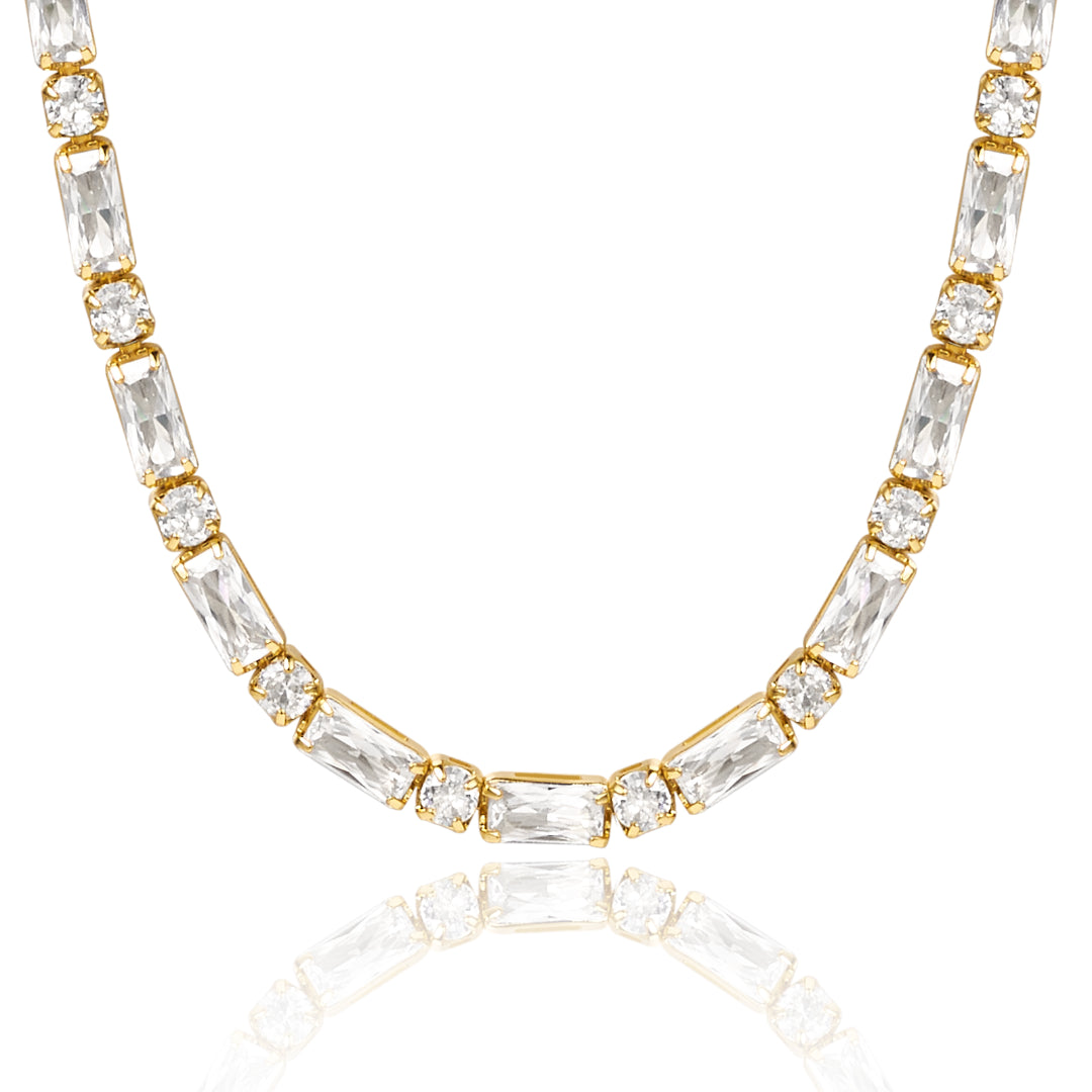 14K Gold Tennis Necklace with Square CZ against white backdrop