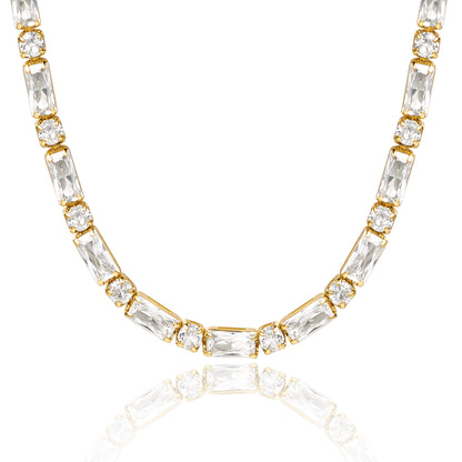 14K Gold Tennis Necklace with Square CZ against white backdrop