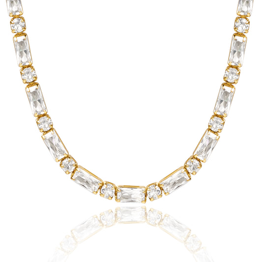14K Gold Tennis Necklace with Square CZ against white backdrop