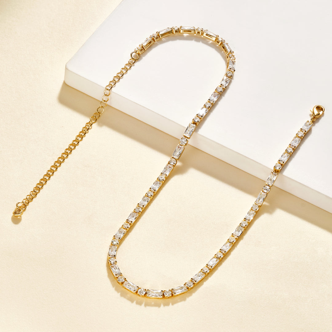 Detailed view of 14K Gold Tennis Necklace with Square CZ