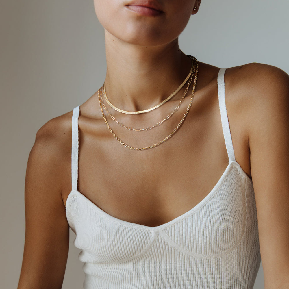 Dainty 14K Gold Layered Necklaces with Snake, Rope, and Paperclip chains