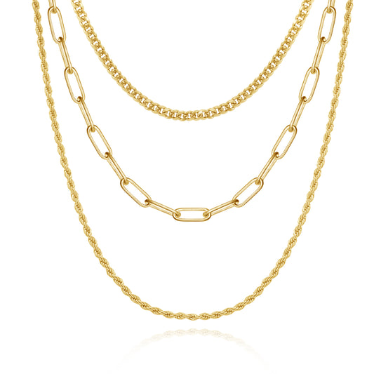 14K Gold Layered Necklaces - Cuban, Rope, Paperclip against white background