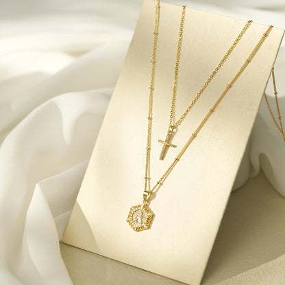 Expressive Hexagon Letter Cross Pendant 14K Gold Plated Necklace for Women