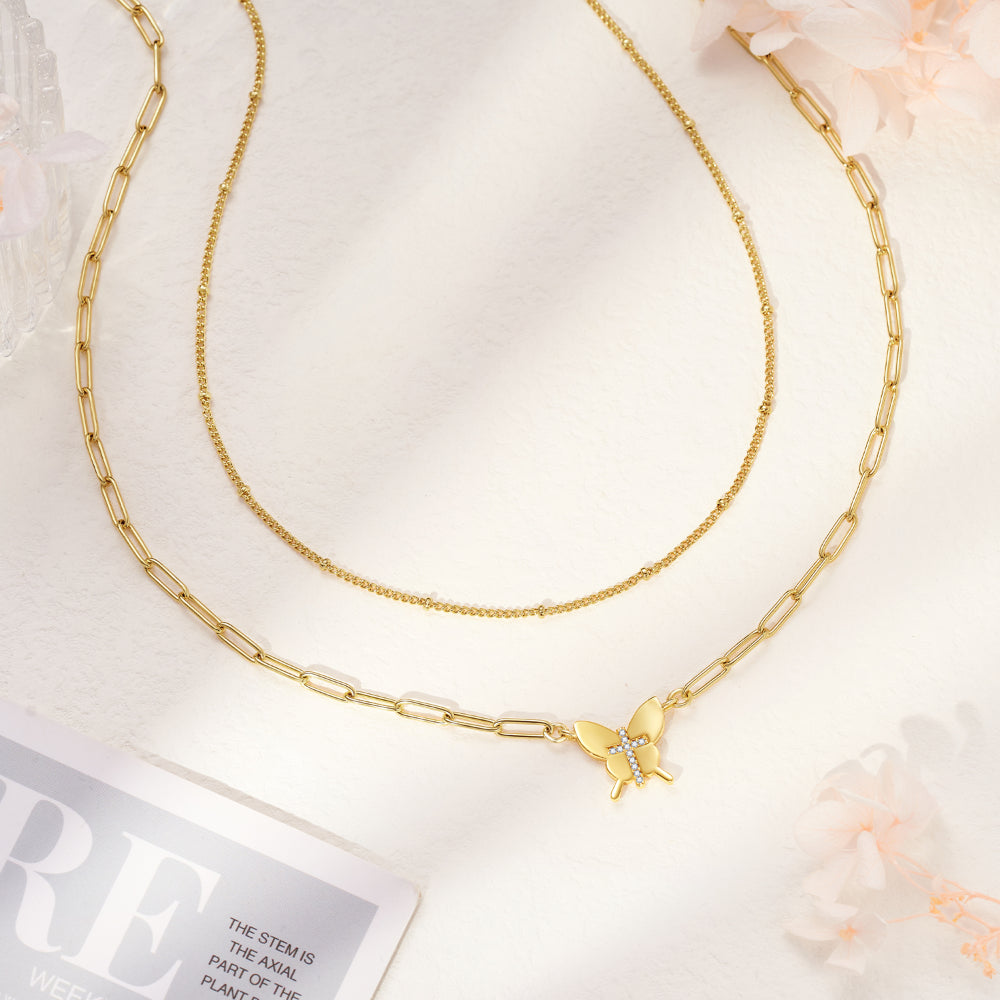 Bead Chain and Butterfly Pendant Necklace