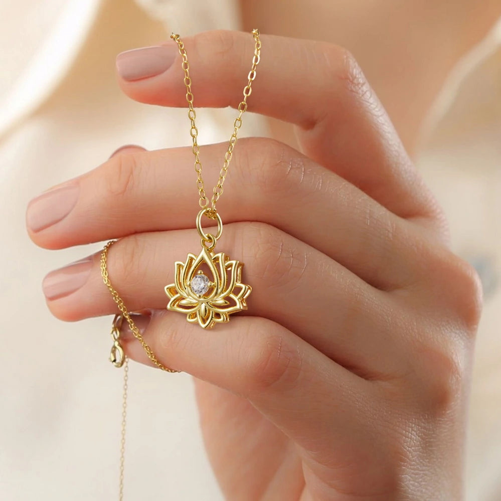 14K Gold Plated Yoga Floral Pendant Necklace with Message Card- Single Lotus