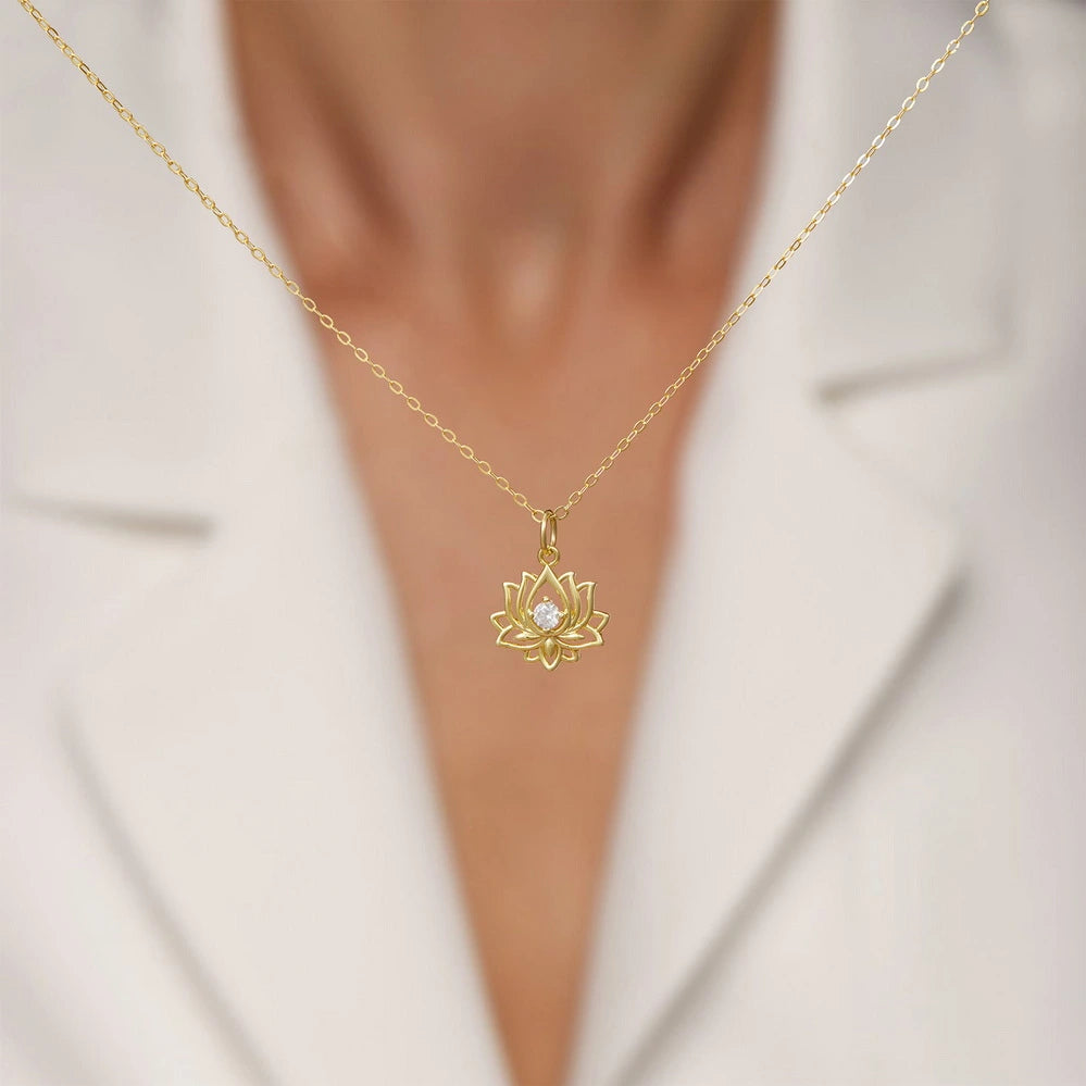 14K Gold Plated Yoga Floral Pendant Necklace with Message Card- Single Lotus