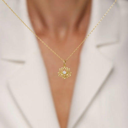 14K Gold Plated Yoga Floral Pendant Necklace with Message Card- Single Lotus