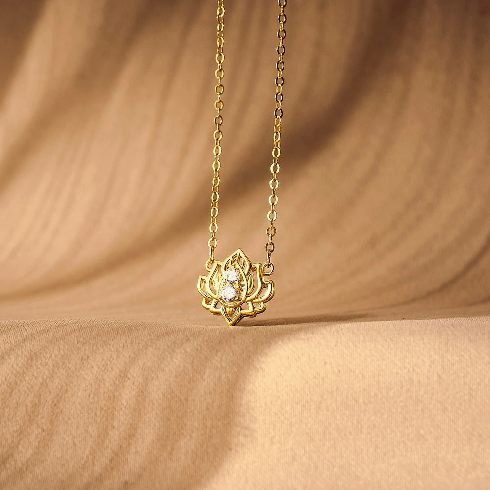 14K Gold Plated Yoga Floral Pendant Necklace with Message Card- Double Lotus