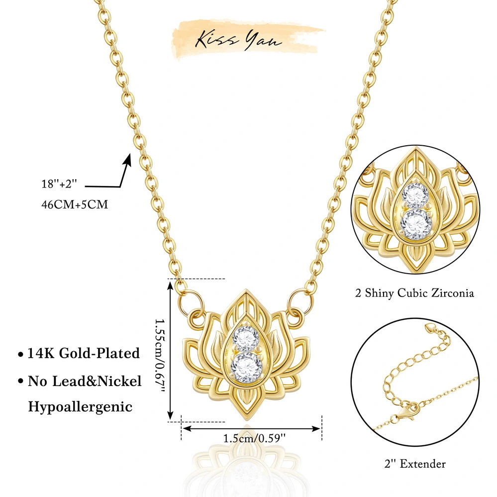 14K Gold Plated Yoga Floral Pendant Necklace with Message Card- Double Lotus