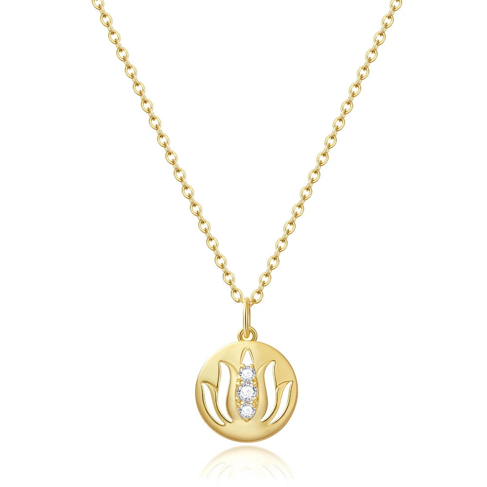 14K Gold Plated Yoga Floral Pendant Necklace with Message Card- Three Lotus