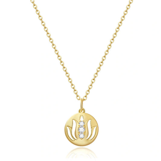 14K Gold Plated Yoga Floral Pendant Necklace with Message Card- Three Lotus