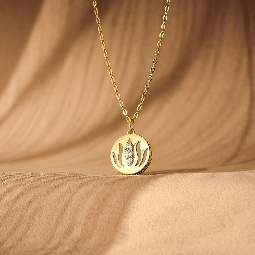 14K Gold Plated Yoga Floral Pendant Necklace with Message Card- Three Lotus