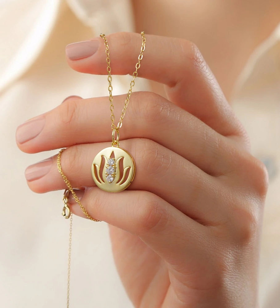 14K Gold Plated Yoga Floral Pendant Necklace with Message Card- Three Lotus