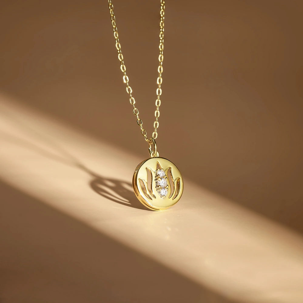 14K Gold Plated Yoga Floral Pendant Necklace with Message Card- Three Lotus