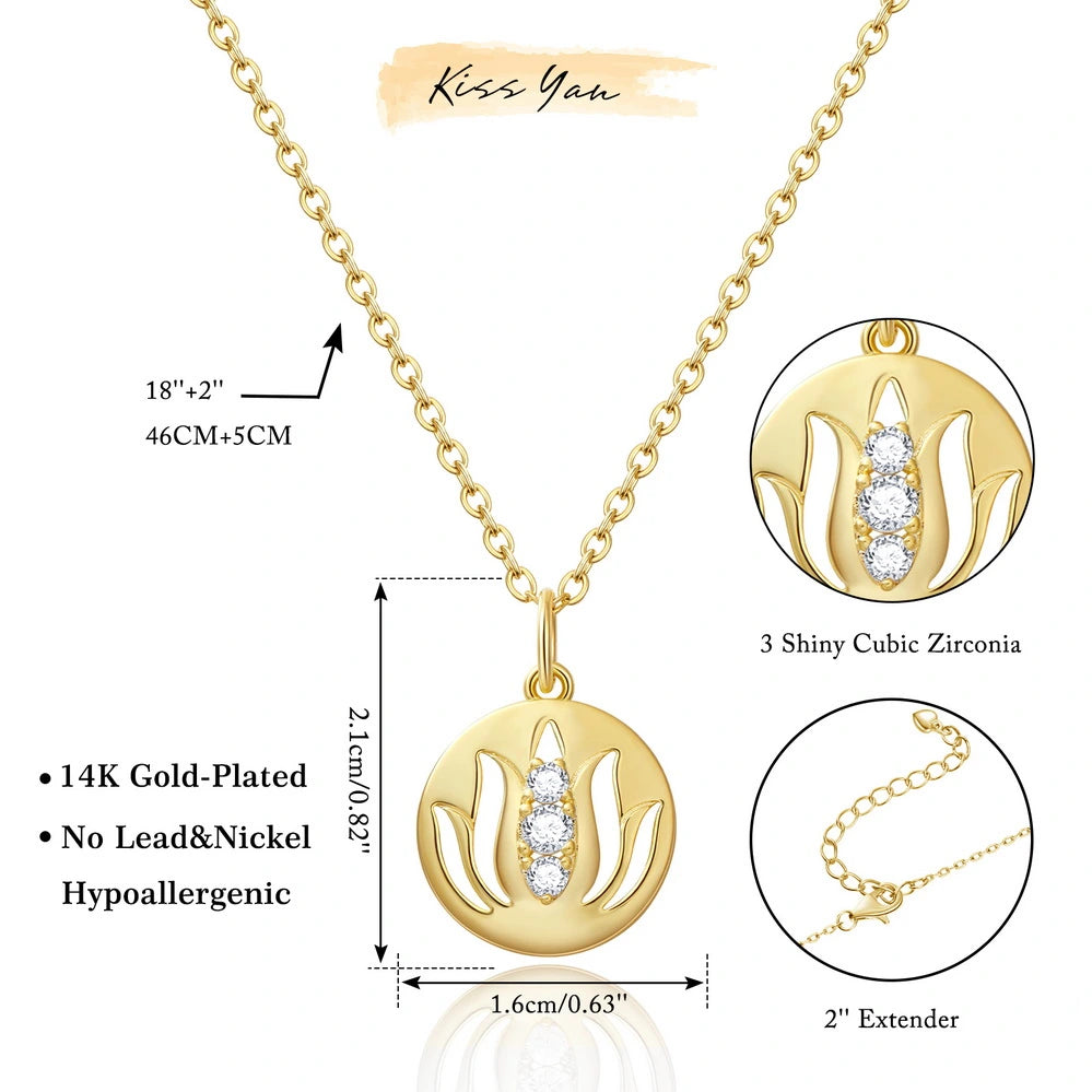 14K Gold Plated Yoga Floral Pendant Necklace with Message Card- Three Lotus