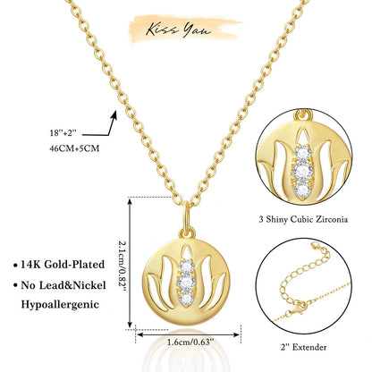 14K Gold Plated Yoga Floral Pendant Necklace with Message Card- Three Lotus